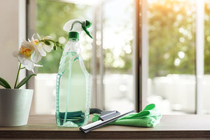 Window cleaner tools on wooden table and background glass window, a Health & Medical Photo by Davizro's Market