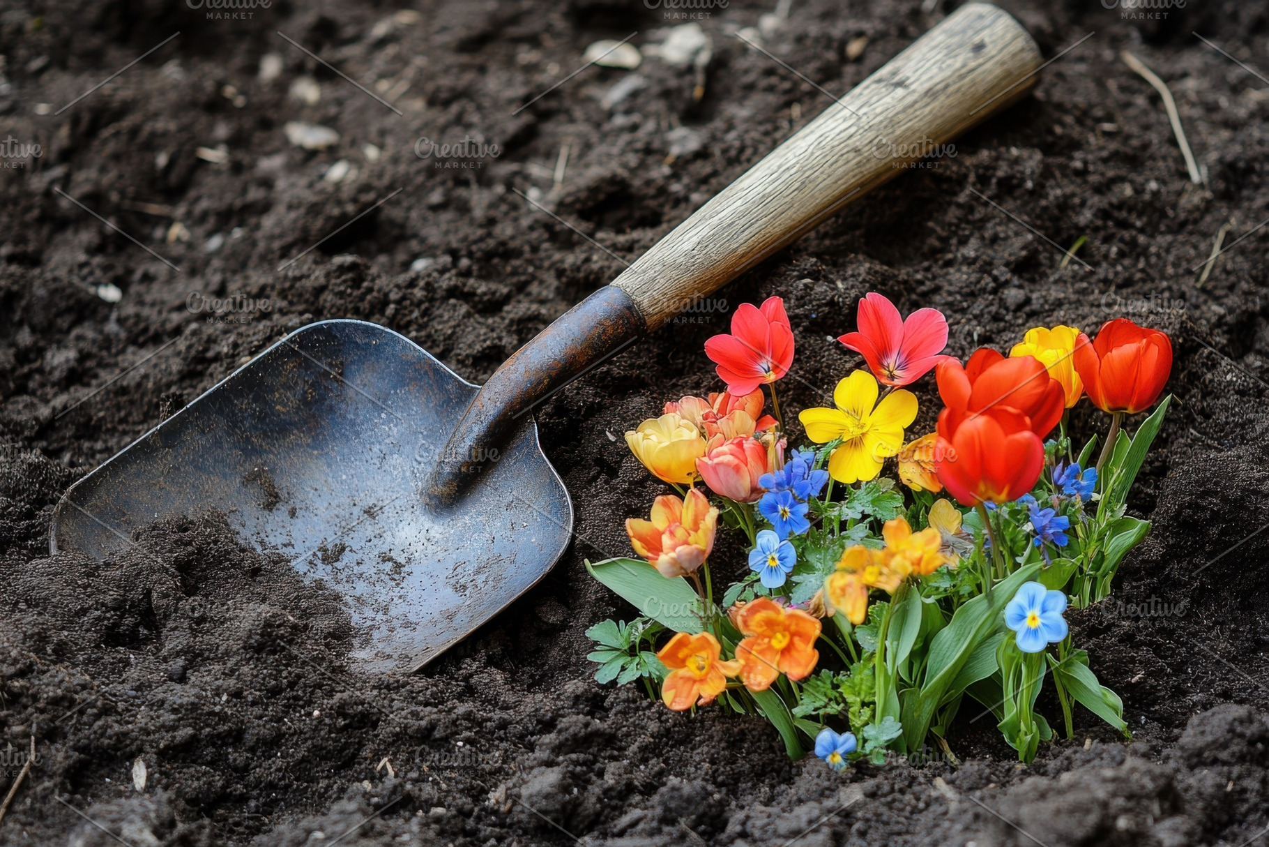 Garden shovel and colorful spring fl, a Photo by Pixeness Studio