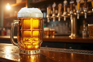 Glass of chilled beer on wooden bar, a Photo by Volff