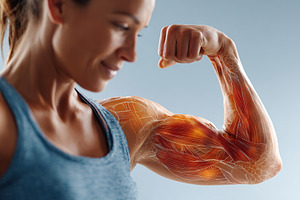 Woman flexing bicep to showcase muscle anatomy and strength in a close-up view, a Sports & Recreation Photo by AlyaAnd