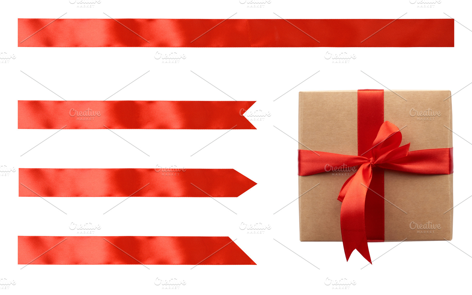 Kraft paper gift box tied with red satin ribbon with bow and set, a Holiday Photo by ndanko