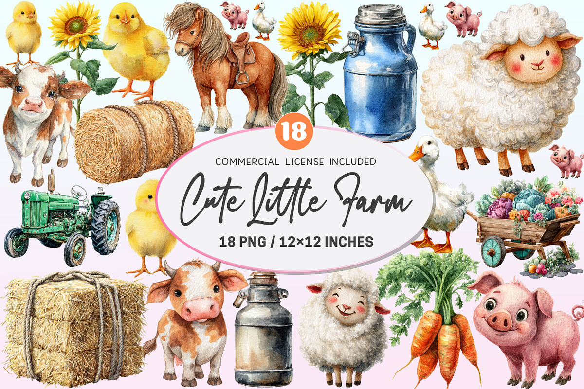 Watercolor Cute Little Farm Clipart, a Graphic by CitraGraphics (Photo 1 of 4)