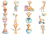 Giraffe Birthday Watercolor Clipart, an Illustration by Designworld (Thumbnail 2 of 5)