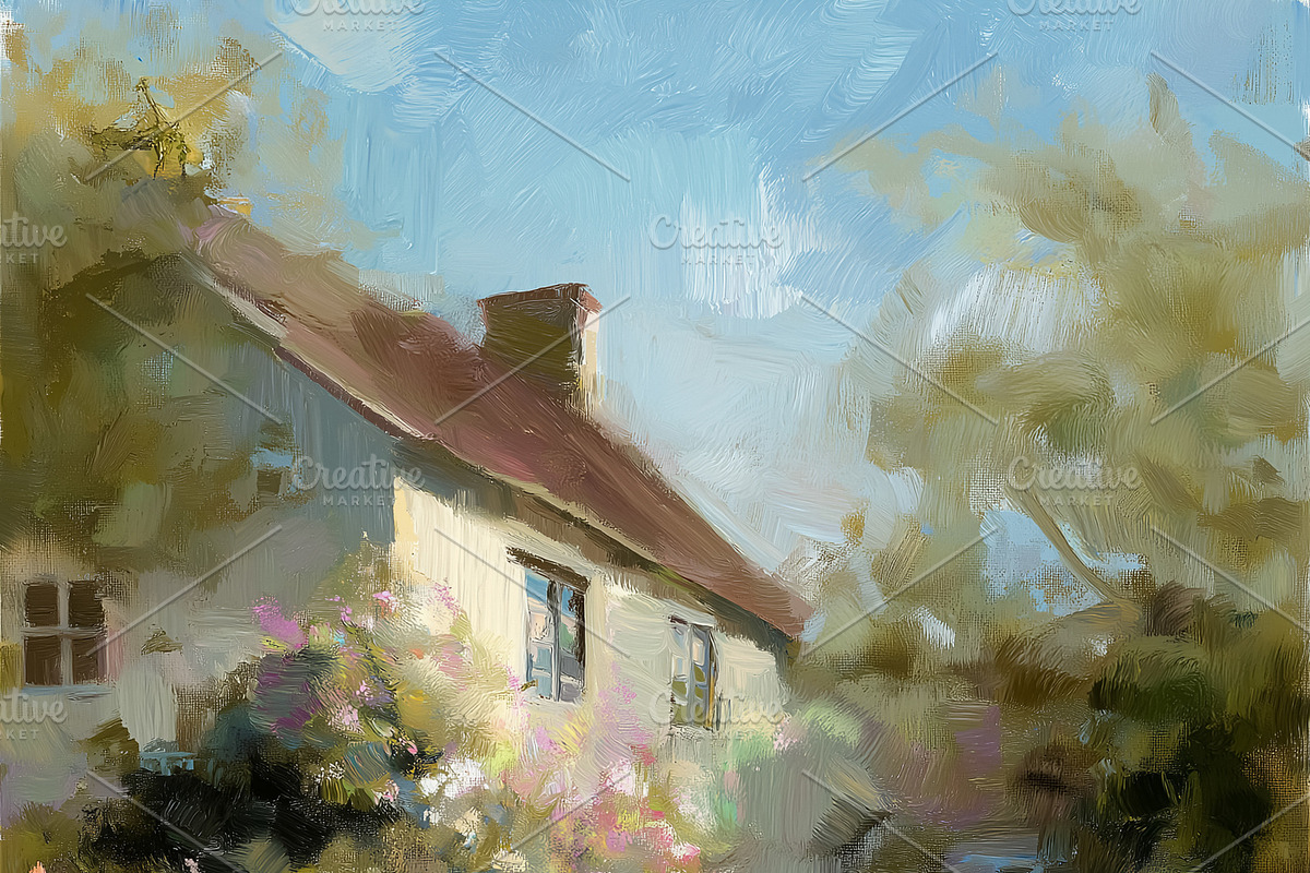 Oil painting of a charming cottage with blooming garden flowers,, a Decorative Illustration by Studio ANNA