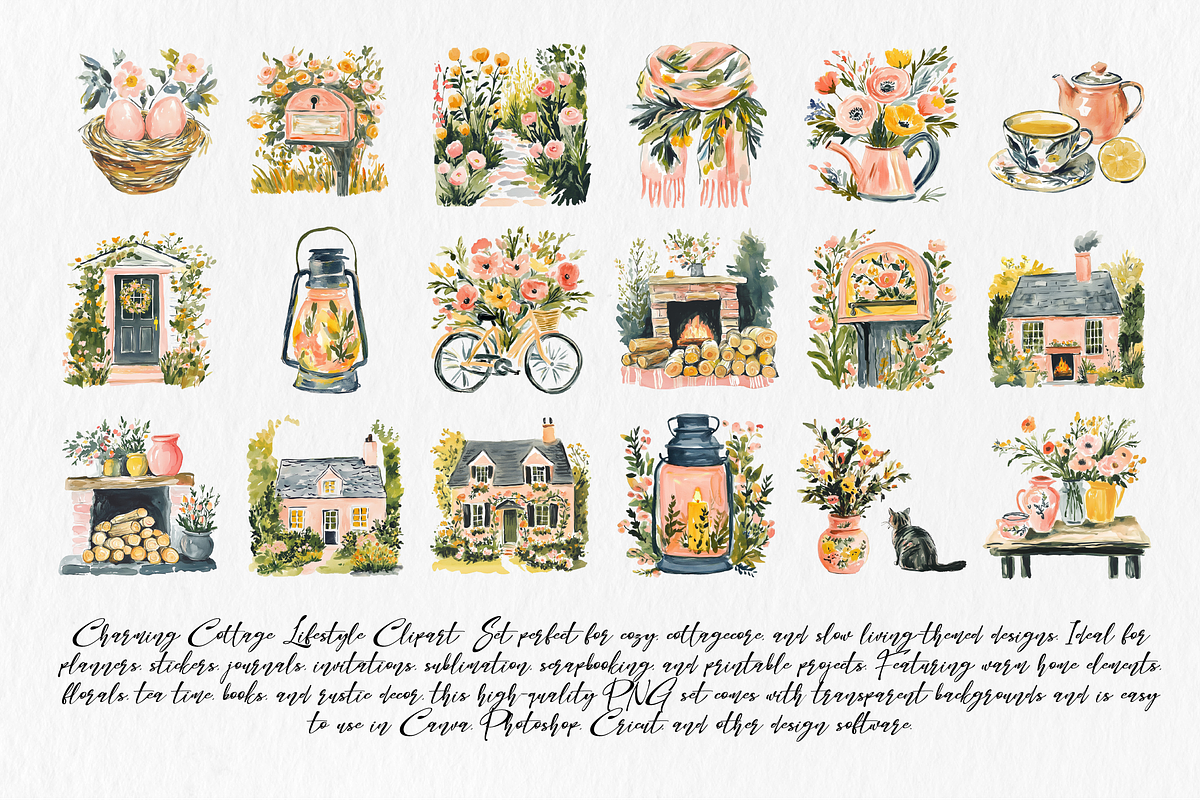 Cottage lifestyle clipart PNG set, an Illustration by Libby Wishes (Photo 2 of 3)