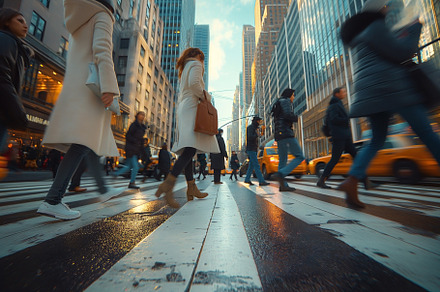 A busy urban street scene with pedestrians crossing a black and, a Person Photo by ImageMir