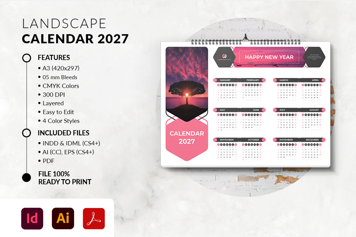 2027 Landscape Calendar Template, a Stationery Template by MstArtwork (Photo 2 of 5)