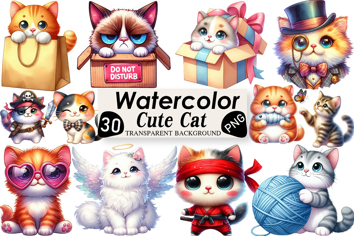 Cute Cat Clipart Bundle, an Illustration by Black Bird Studio (Photo 1 of 6)