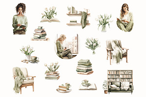 Green Reading Watercolor Clipart