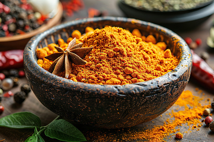 Vibrant curry powder in a bowl with, a Photo by LOGOCREATIVE