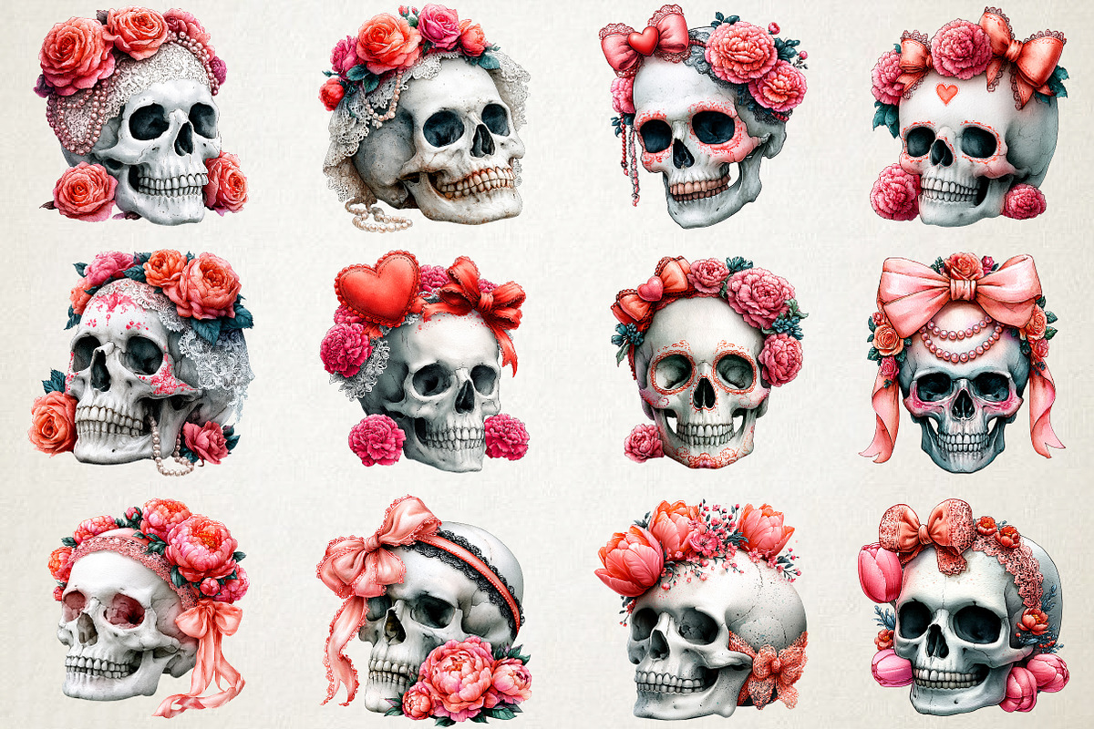 Watercolor Coquette Skull Clipart, a Seasonal Illustration by RobertsArt (Photo 3 of 7)