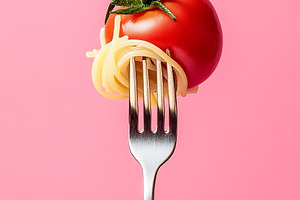Delicious tomato and pasta on fork, a Photo by Beautiful things