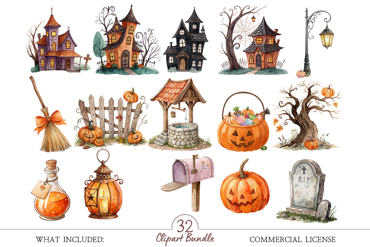 Watercolor Fall Cottage Clipart, a Decorative Illustration by MockupWizard (Photo 3 of 5)