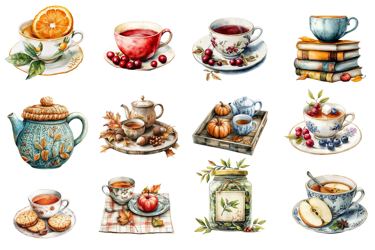 Watercolor Autumn Tea Party Clipart, an Illustration by Designworld (Photo 3 of 6)