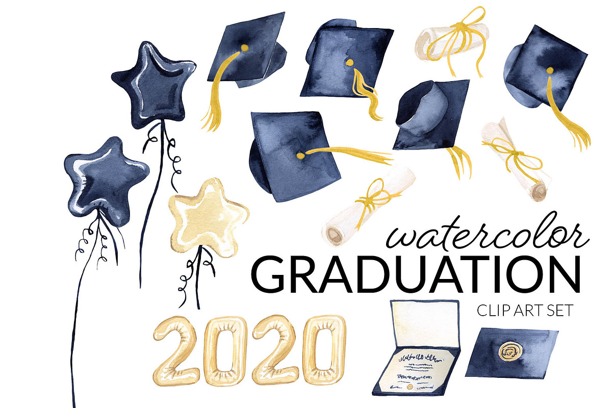 Watercolor Graduation Clipart, an Illustration by Digital Press Creation (Photo 1 of 3)