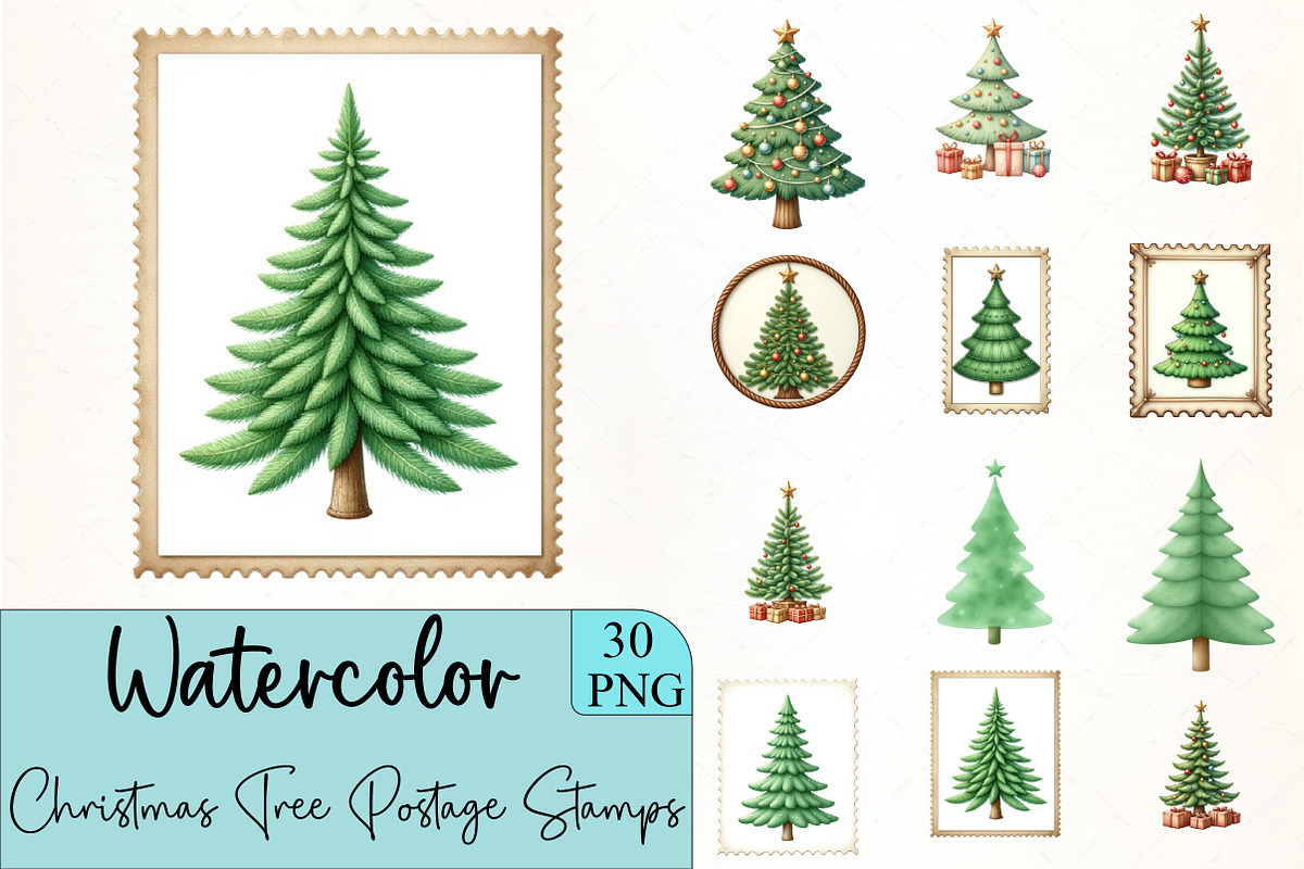 Christmas Tree Postage Stamps Clipar, an Illustration by CrexoraLab (Photo 1 of 5)