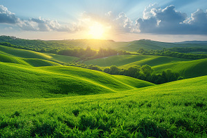 A breathtaking view of lush green hills under a radiant sunrise, illuminating t, a Background Photo by ImageMir