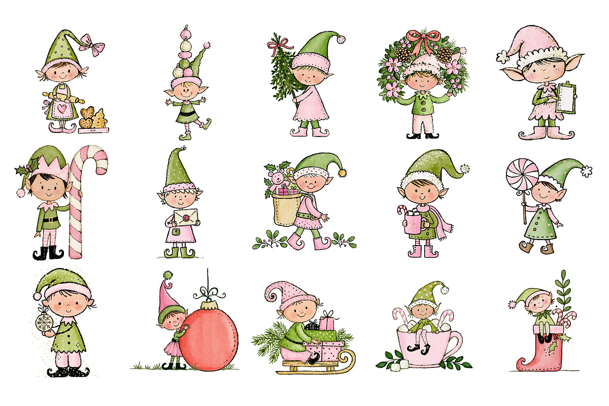 Christmas Elves PNG Clipart Bundle, a Seasonal Illustration by Nicolle's Colorful Art (Photo 2 of 6)