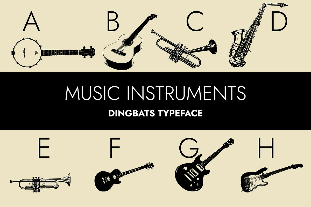 Music Instruments Dingbats Font, a Symbol Font by Minimalartstudio (Photo 1 of 8)