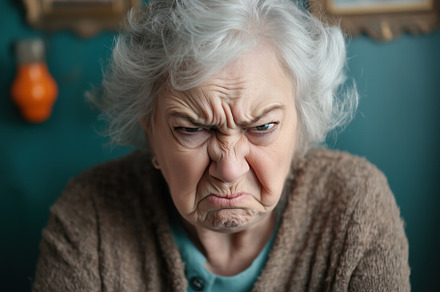 An elderly woman with white hair and a frown, showing a displeased expression., a Person Photo by Textures & Backgrounds