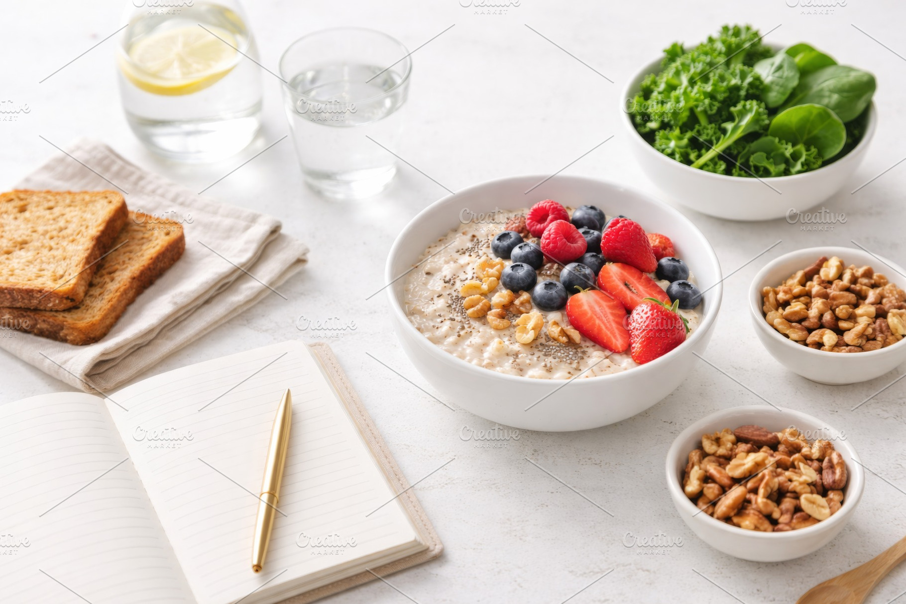 Healthy breakfast with oatmeal toppe, a Photo by Dvoevnore photos
