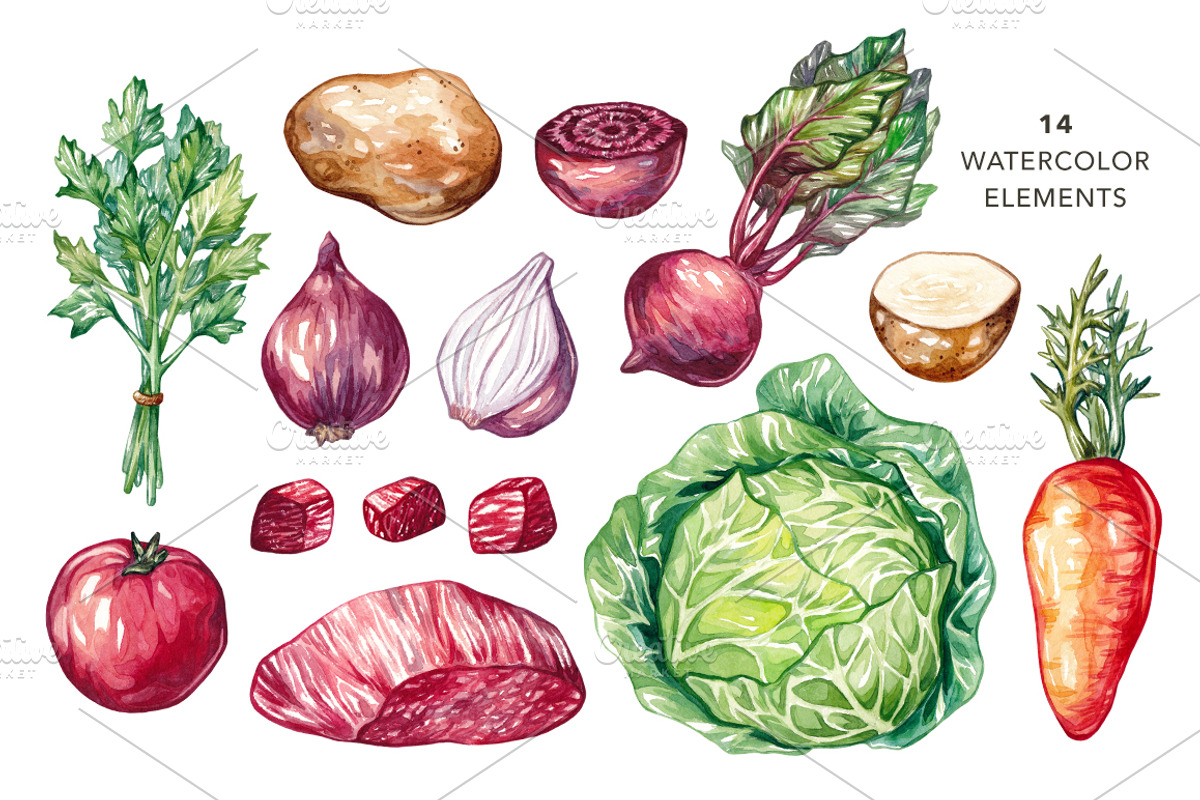Beetroot Soup+Watercolor Ingredients, an Illustration by Olga Olmix (Photo 2 of 9)