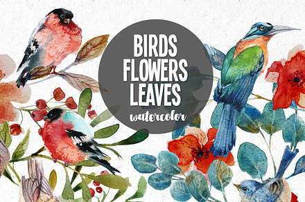 watercolor BIRDS LEAVES FLOWERS
