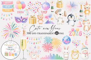 Watercolor cute new year clipart, an Illustration by Designworld