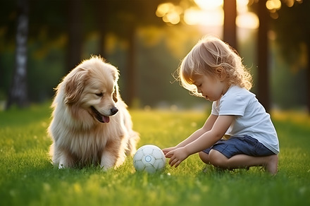 Little girl plays with dog and ball toy on grass in park, path in forest or law, an Animal Photo by Lenor4ik