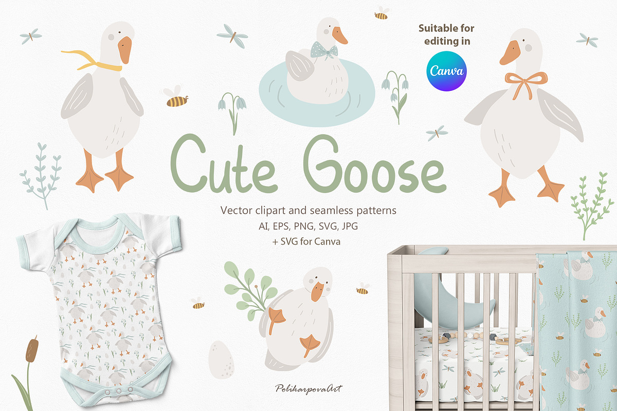 Cute Goose clipart & pattern for kid, an Animal Illustration by polikarpovaart (Photo 1 of 9)