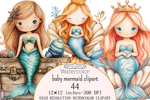 Watercolor baby mermaid clipart