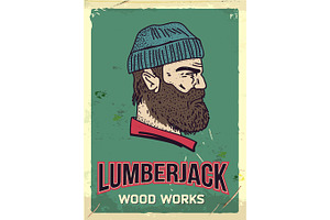 Grunge Retro Metal Sign With Lumberjack. Professional Wood Works. Head Of Woodcutter. Profile View. Vintage Poster. Old Fashioned Design.