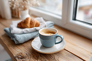 Indulgent breakfast with delicate ceramic cup and fresh croissant near a bright, a Food & Drink Photo by AlyaAnd