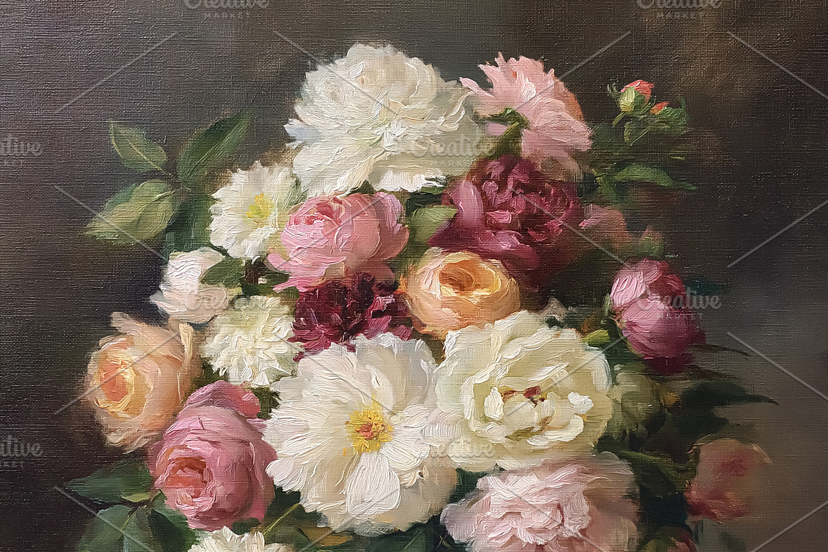 Peonies and roses bouquet in clear glass vase, colorful floral s, an Illustration by Studio ANNA