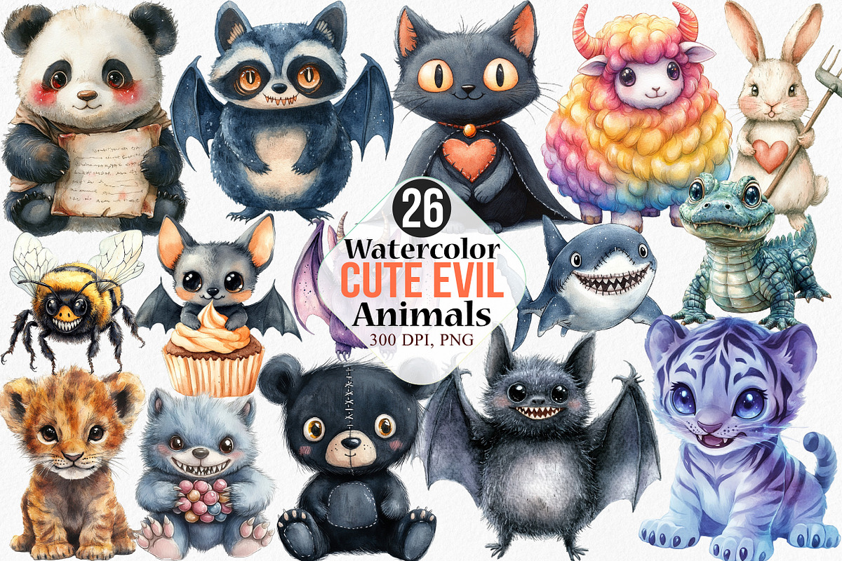Watercolor Cute Evil Animals Clipart, an Illustration by Canvas Craft (Photo 1 of 7)