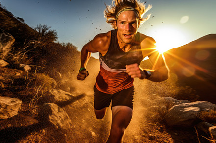 A dynamic shot of a trail runner in action, running downhill on, a Sports & Recreation Photo by designvectx