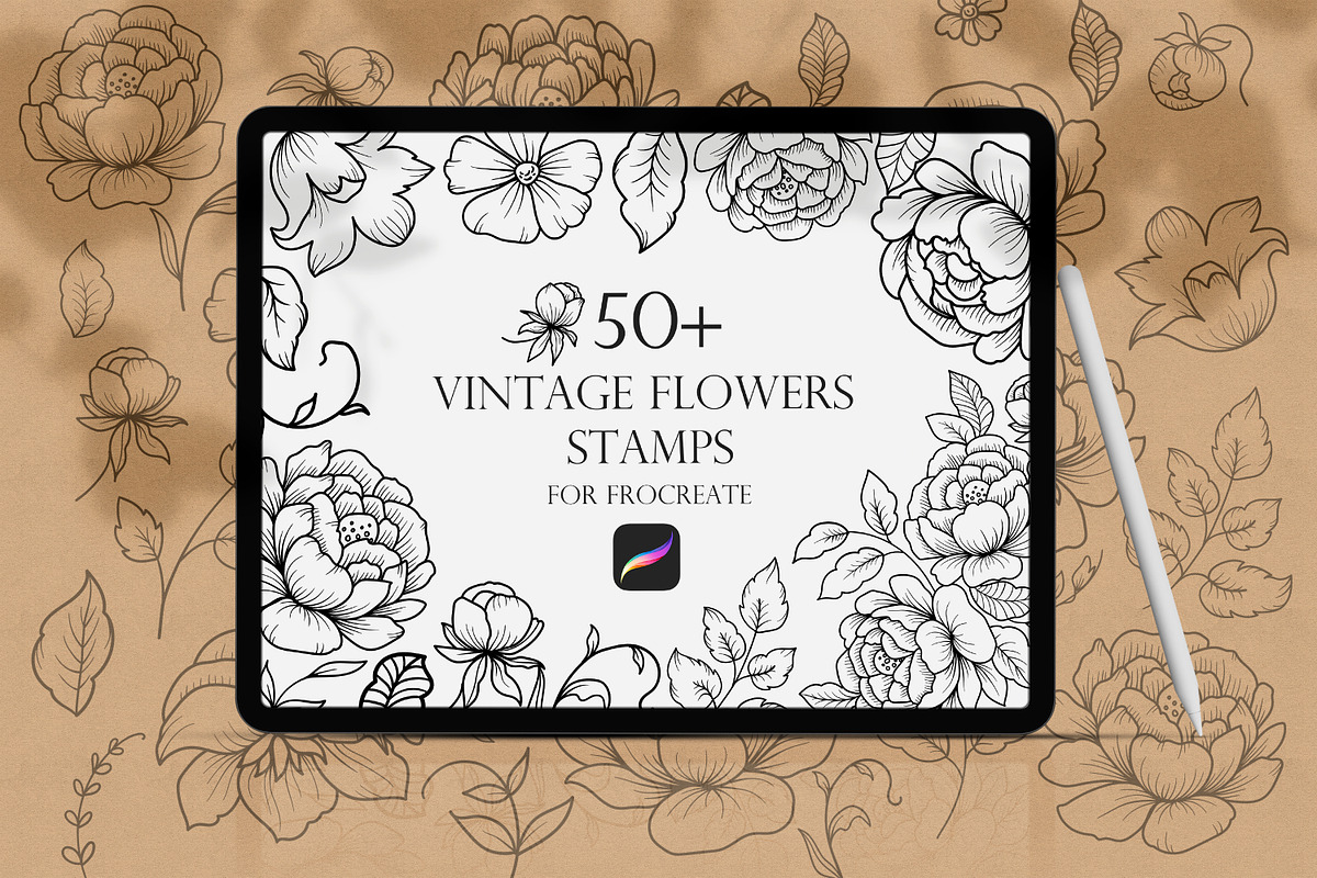 Vintage Flowers Procreate Stamps, a Brush Add-On by Dervik Art Store