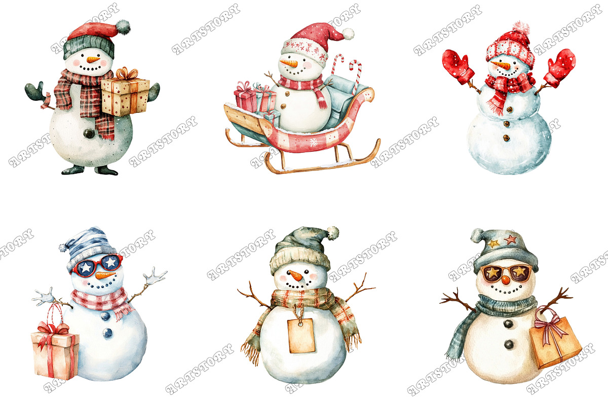 Whimsical Christmas Snowman Clipart, an Illustration by designcity5 (Photo 3 of 5)