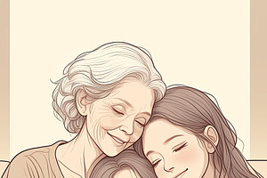 Three generations of women sharing love and family bonds in warm embrace, an Illustration by AS photostudio