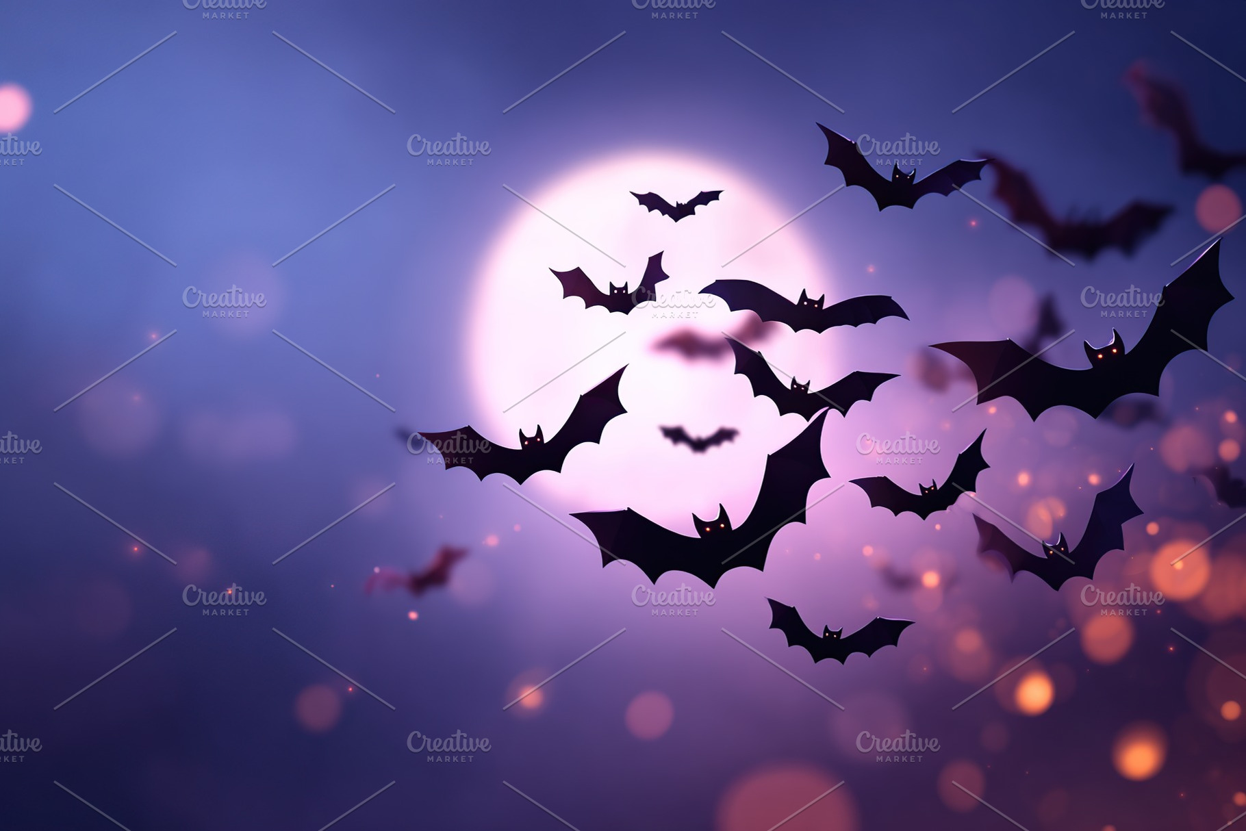 Bats flying under a full moon during twilight hours in a clear sky, a Holiday Photo by AlyaAnd