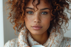A close-up portrait of a young woman with curly hair and striking green eyes, w, a Person Photo by ImageMir