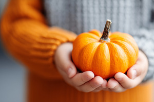Child in a cozy sweater hold pumpkin, a Holiday Photo by MistyDay