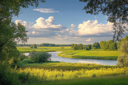 Summer landscape featuring a serene, a Photo by Iftikhar Alam
