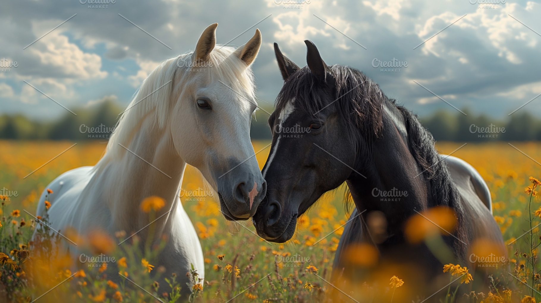 Two beautiful horses, a white stallion and a black mare, nuzzle affectionately, an Animal Photo by ImageMir