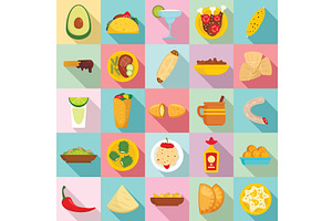 Mexican food icon set, flat style, a Food Illustration by Ylivdesign