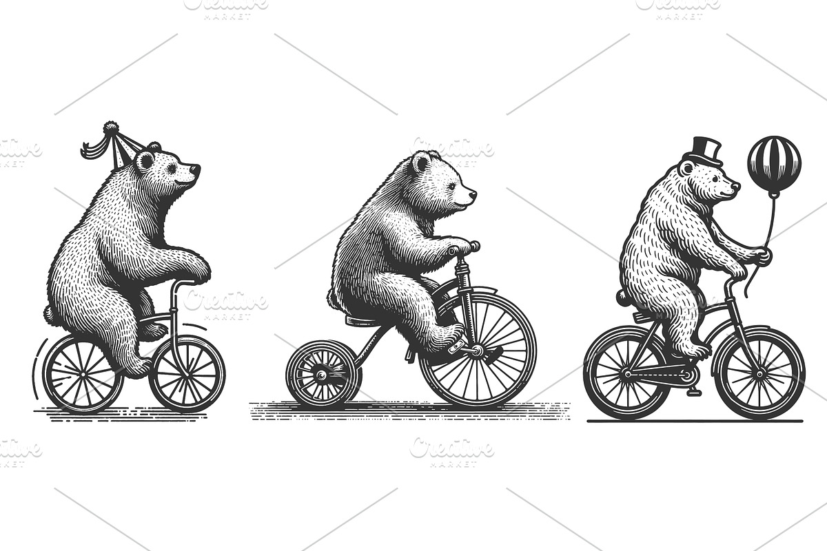 Circus Bears Riding Bicycles set, an Animal Illustration by AlexArt