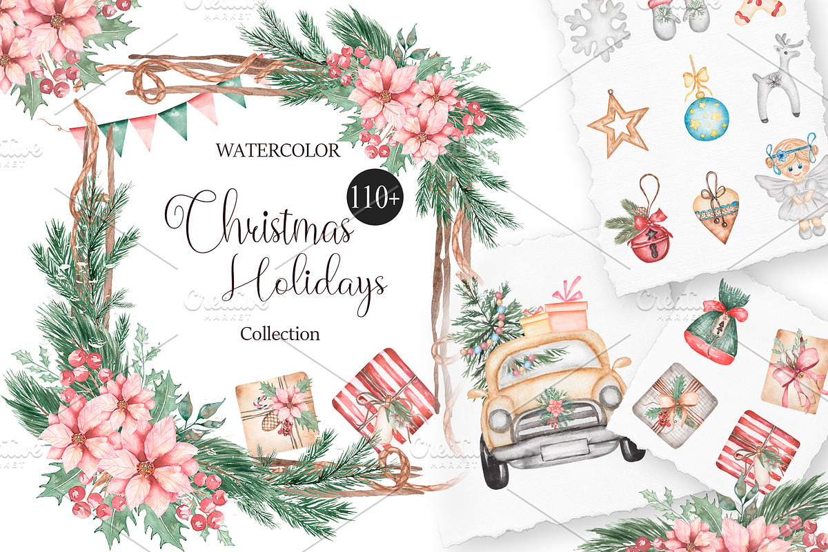 Watercolor Christmas Holidays, a Seasonal Illustration by MayaNavits (Photo 1 of 16)