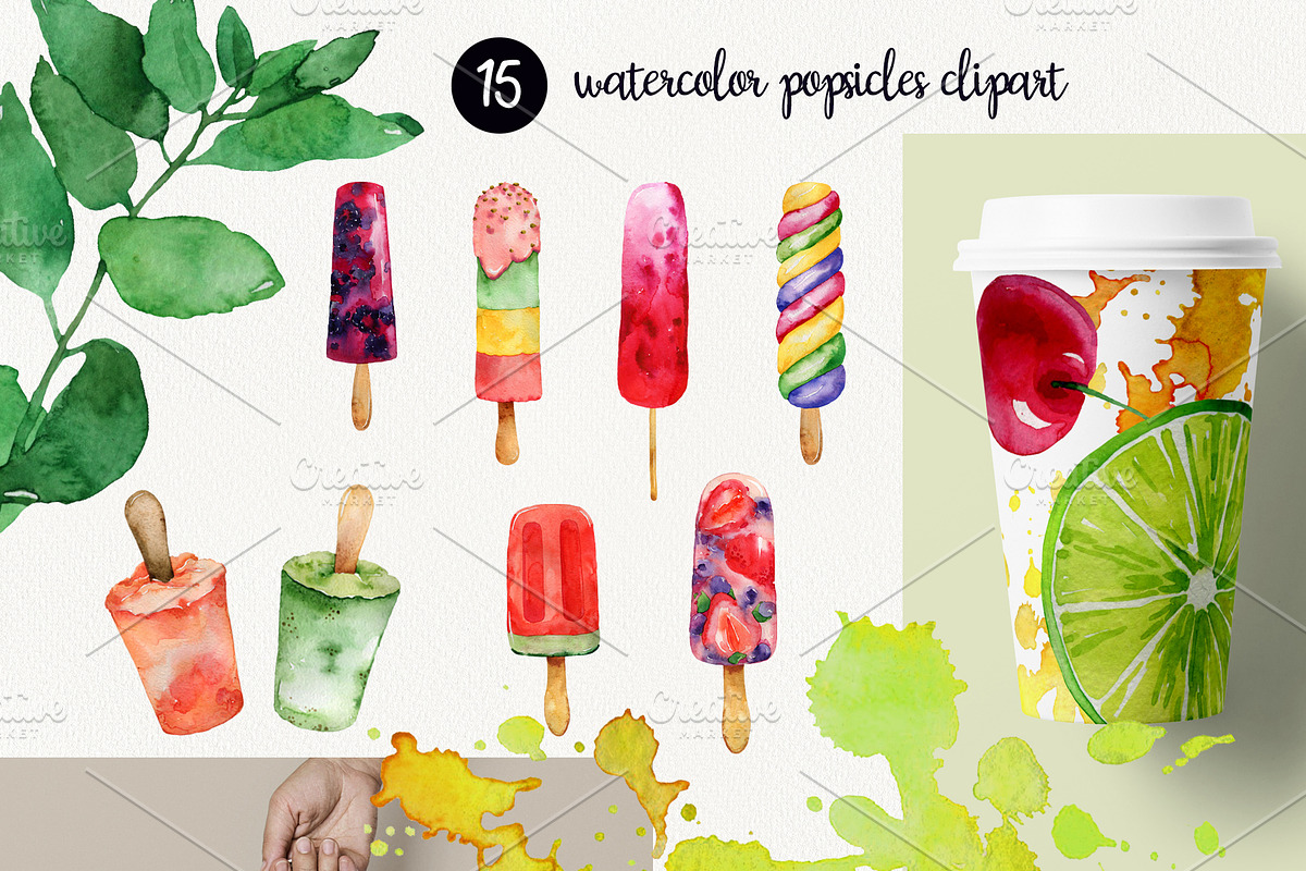 Watercolor popsicle&berries clipart, a Food Illustration by TanyaOak (Photo 2 of 3)