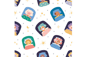 Cute animals in bed seamless pattern, an Animal Illustration by Valerie Bodnar