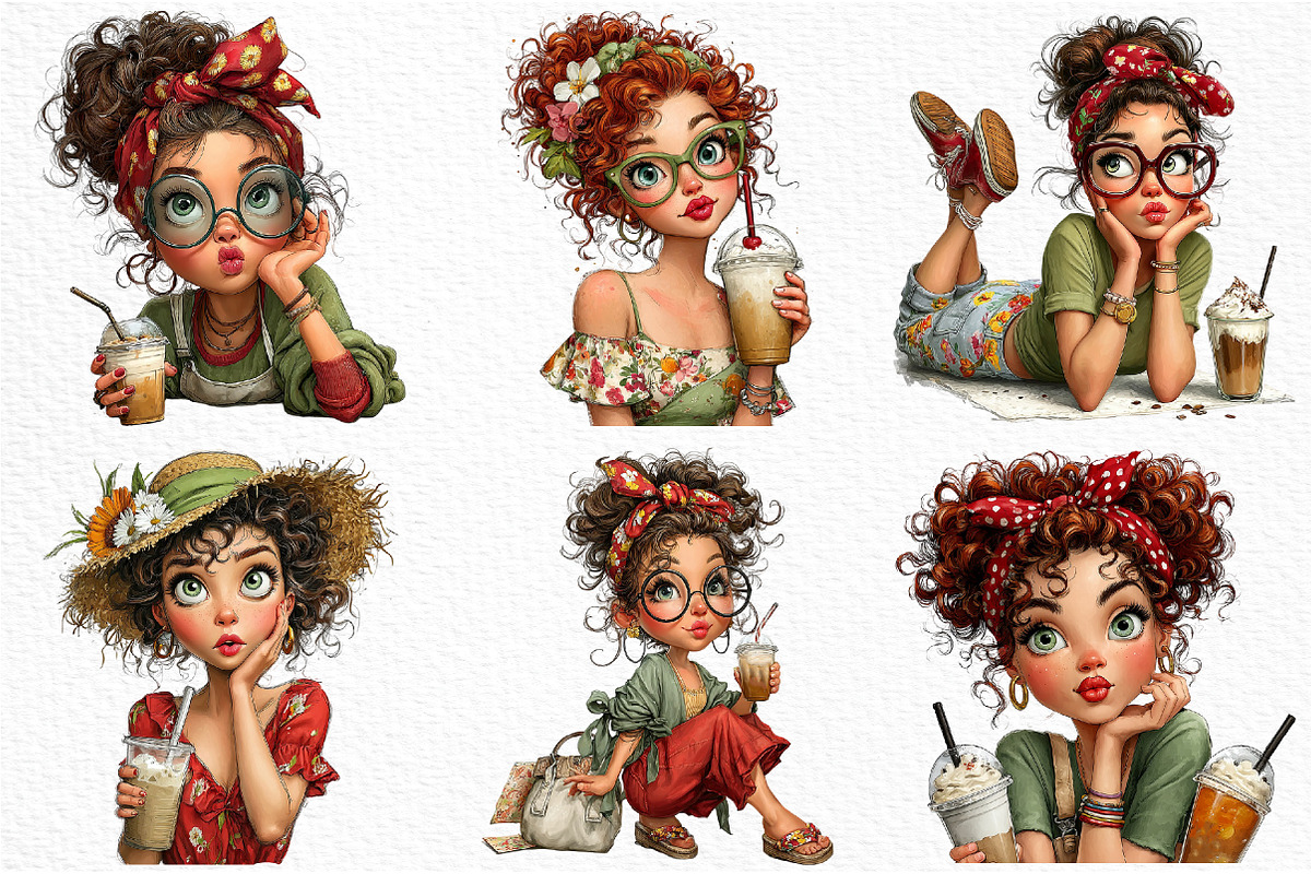 Whimsical Summer Coffee Girl Clipart, an Illustration by Craft Nest (Photo 4 of 12)